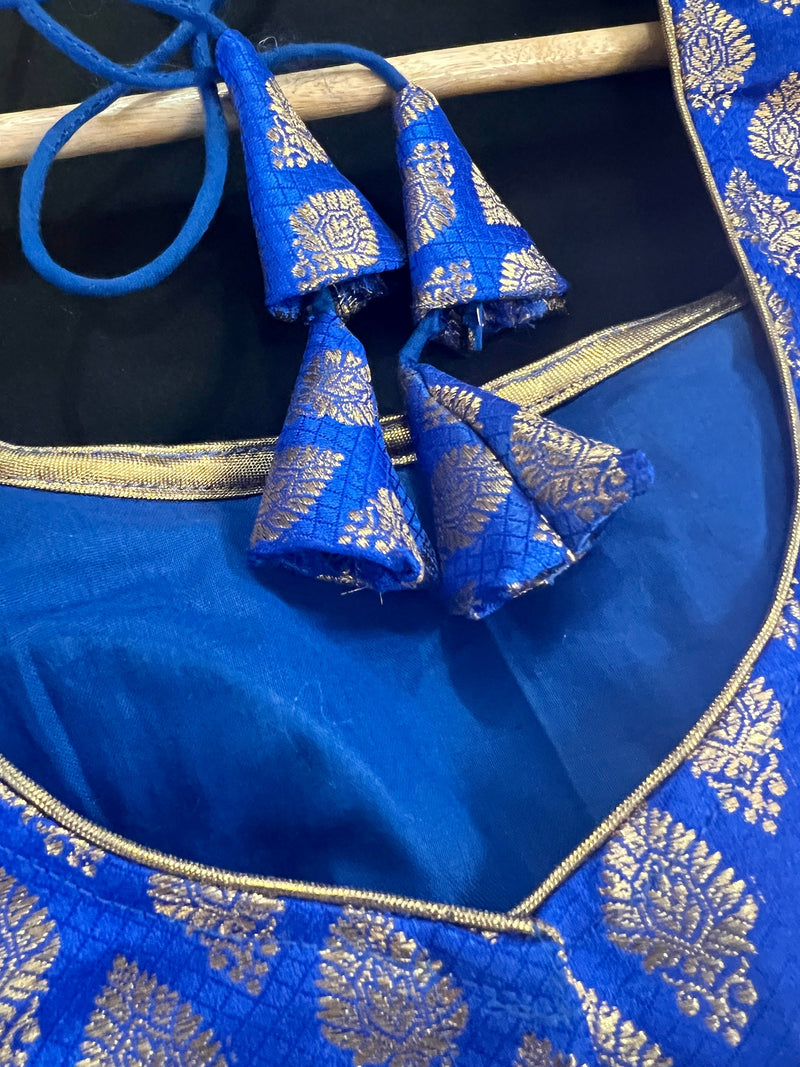 Size 36 | Blue Color Stitched Sleeveless Blouse with Gold Buttis Pure Banarasi  | Readymade Blouse | Pink Ready to Wear Banarasi Blouse