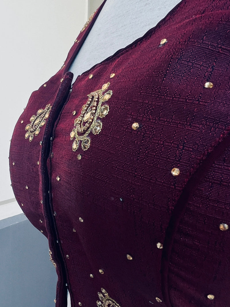 Dark burgundy Color Raw Silk Ready to Wear Blouse |  Size 36 Readymade Blouse  | Handwork Blouses | Padded Blouse  | Blouses for Sarees