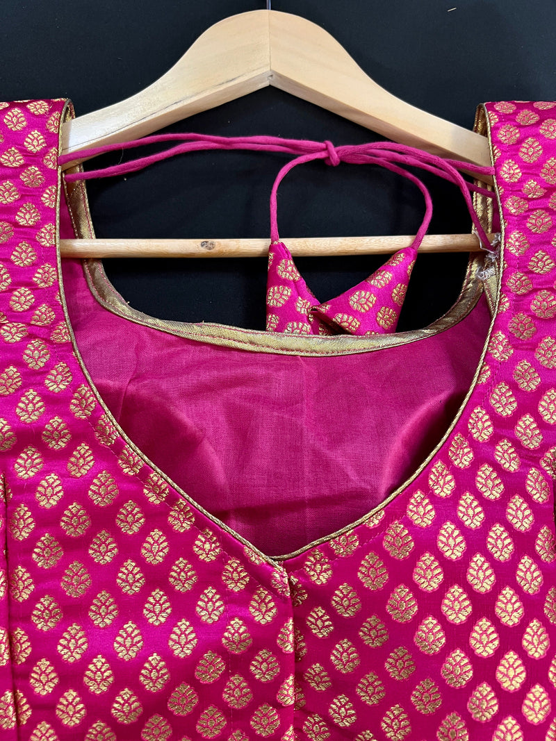 Hot Pink Stitched Sleeveless Blouse with small Gold Buttis Pure Banarasi | Size 36 Pink Color Ready to Wear Blouse | Pink Color Saree Blouse