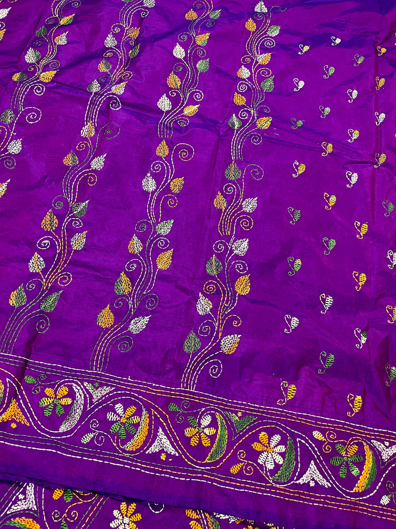 Dual Tone Purple Color Bangalori Silk Saree with Hand Kantha Stitch | Handwoven Kantha Stitch Sarees | Kantha Saress | Bengal Sarees