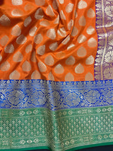 Orange with Bottle Green and Blue Color combination Traditional Handloom Banarasi Saree with Satin Border