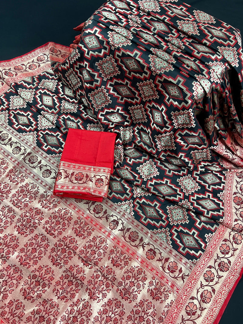 Black and Red Ikkat Design Banarasi Silk Weaved Saree | Banarasi Soft Handloom Silk Sarees | Party Wear Traditional Black and Red Saree