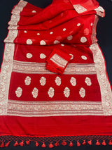Red Color Pure Banarasi Kora Silk Saree with Muted Gold Zari Weave | Pure Kora Organza Silk Saree | Pure Silk Sarees | SILK MARK CERTIFIED