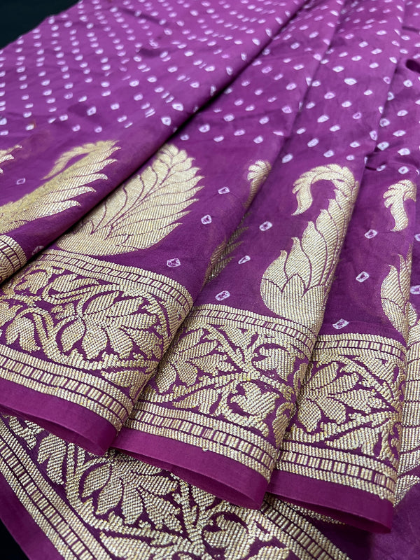 Purple Color Bandhej Saree - Banarasi Semi Dupion Silk with Work Muted Gold Zari - Handwoven Sarees - Banarasi Sarees
