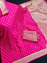 Statement Pink Color Pure Crepe  Silk Saree with Koniya design | Gold Zari Weave | Silk Mark Certified | Pure Crepe Silk Sarees