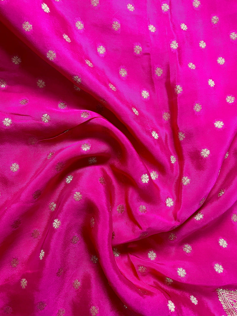 Statement Pink Color Pure Crepe  Silk Saree with Koniya design | Gold Zari Weave | Silk Mark Certified | Pure Crepe Silk Sarees