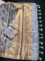 Pure Banarasi Dupion Silk Saree in Slate Grey Color with Copper Antique Zari Work | Handwoven Saree | Pure Silk Saree | SILK MARK CERTIFIED