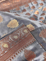 Pure Banarasi Dupion Silk Saree in Slate Grey Color with Copper Antique Zari Work | Handwoven Saree | Pure Silk Saree | SILK MARK CERTIFIED