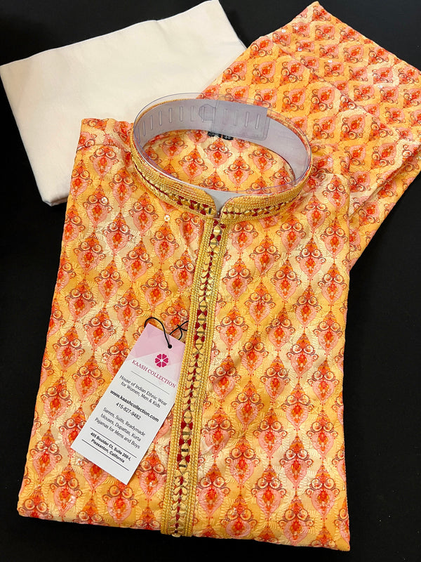 Exclusive and Premium Designer Yellow Color Chikankari Embroidery Men Kurta Pajama | Sequin Work, Mirrors & Block Prints | Wedding Kurta
