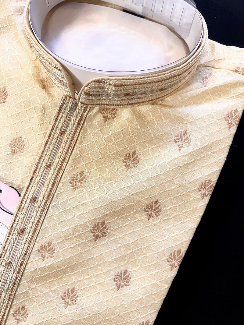 Designer Cream Color Soft Silk Kurta with Lining Kurta Pajama for Men | Copper Zari Floral Weave | Exclusive Collection of Kurtas For Men