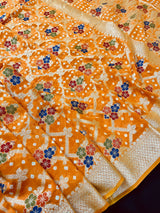 Bright Orange Color Bandhej Saree - Banarasi Semi Dupion Silk with Work Muted Gold Zari and Meenakari - Handwoven Sarees - Banarasi Saree