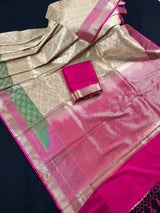 Handmade Muted Gold Banarasi Tissue Silk Saree with Beige Base | Pink and Green Satin Borders  | Banarasi Silk blend Tissue Saree