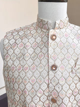Pastel Pearl Off White Jacket for Men with Intricate Embroidery, thread and Sequence Work | Jacket for Kurta | Mens Wedding wear Outfits