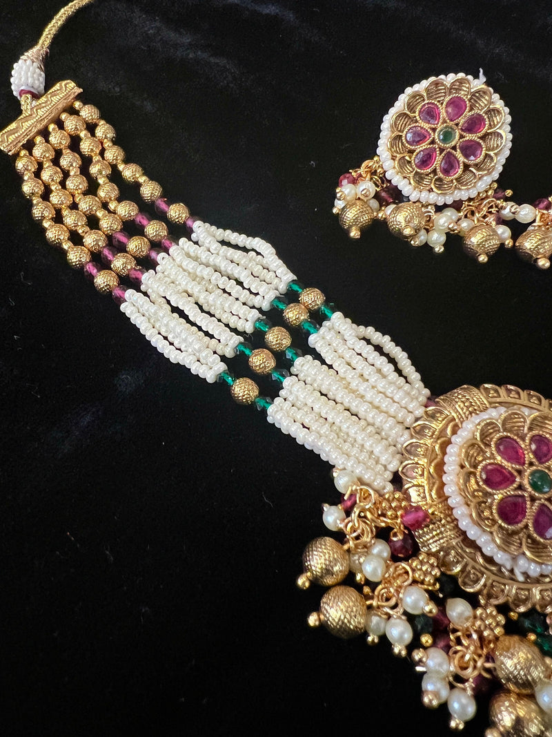 Bollywood Style Antique Gold Necklace/ Choker with High Quality Beads and Pearls with Kamp Stones | Indian  Wedding Jewels | Gift For Her