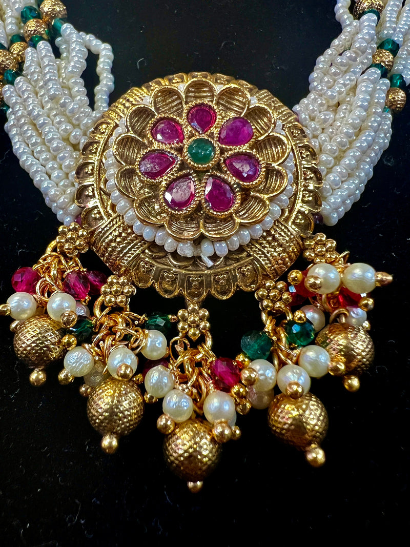 Bollywood Style Antique Gold Necklace/ Choker with High Quality Beads and Pearls with Kamp Stones | Indian  Wedding Jewels | Gift For Her