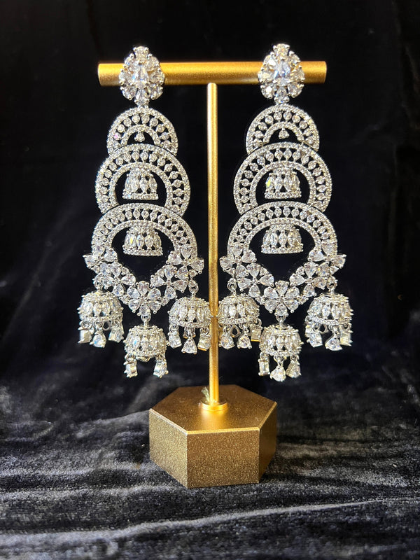Statement Sliver Long and Premium Quality American Diamond Earrings with small Jumkis | Indian Jewelry | AD Earrings | Long Earrings
