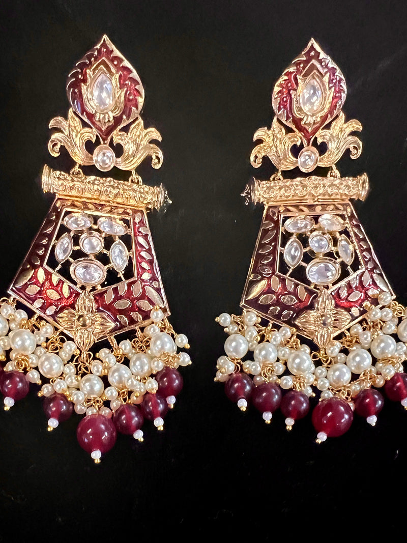 Light Weight Gold Finish High Quality Wine Color Meenakari Work with Polki and pearl Stones | Earring | Indian Jewelry | Gift For Her