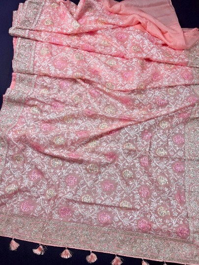 Pastel Baby Pink Color Chikhenkari Saree with Floral Jaal on Pure Organza | Pure Organza Sarees  | Kora Saree | Silk Mark Certified Sarees