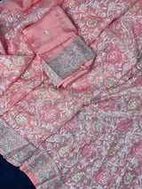 Pastel Baby Pink Color Chikhenkari Saree with Floral Jaal on Pure Organza | Pure Organza Sarees  | Kora Saree | Silk Mark Certified Sarees