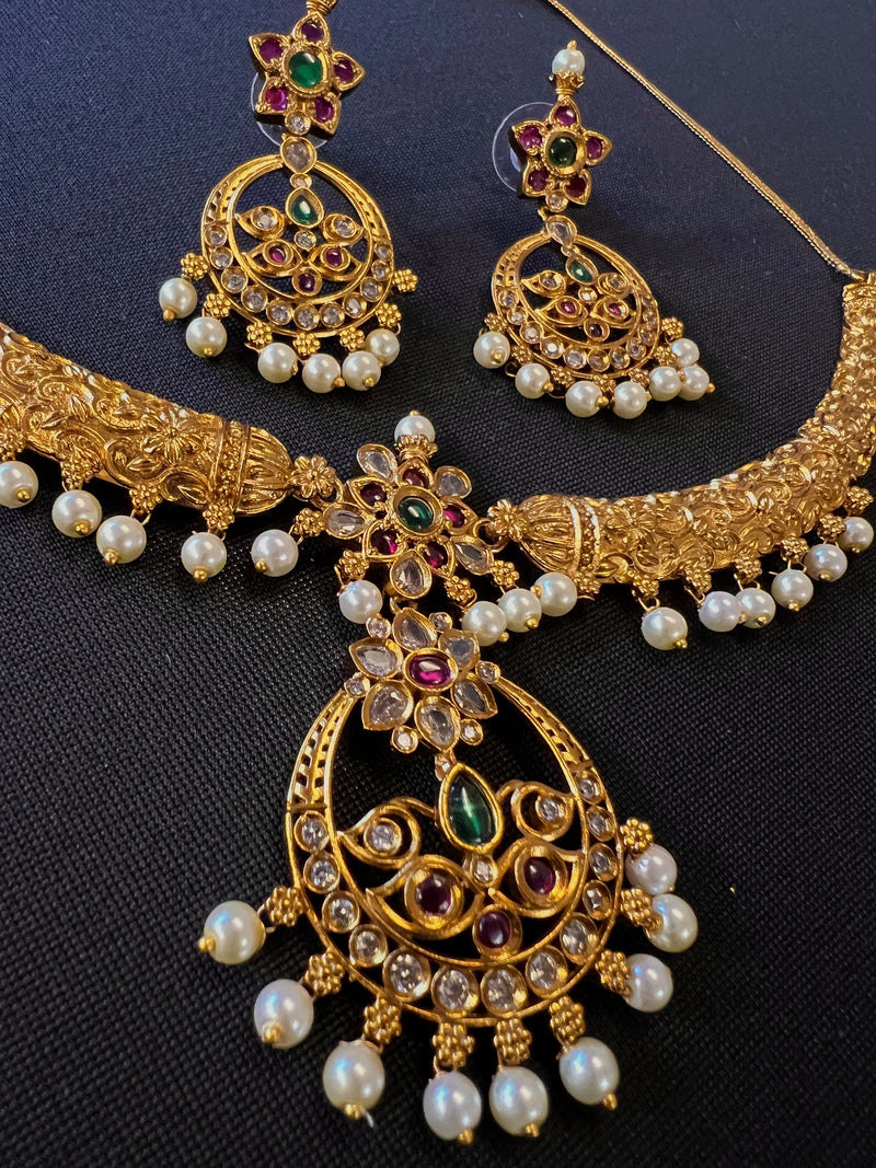Handmade Antique Gold Finish Necklace and Earrings Set with Pearls and Kamp Stones | Indian Jewelry | Handmade Jewelry