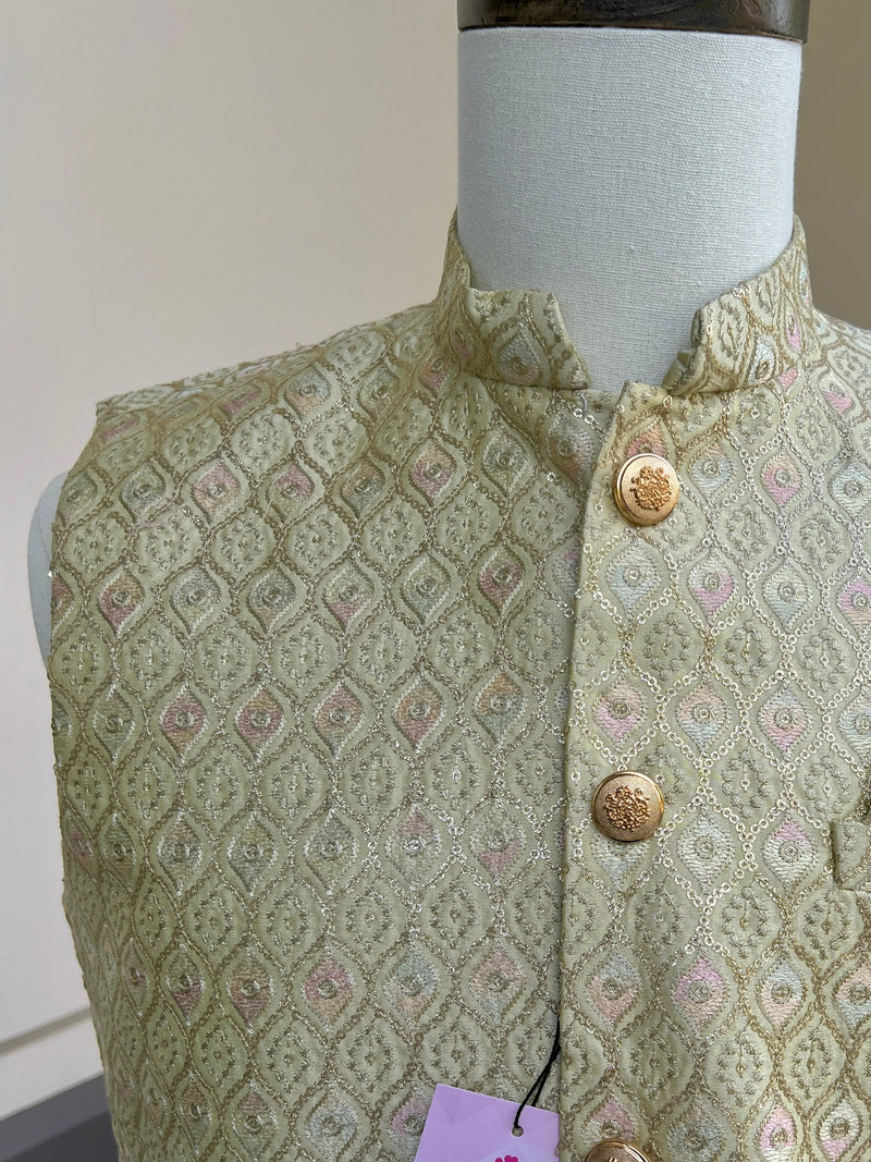 Pastel Pista Green Jacket for Men with Intricate Embroidery, thread and Sequence Work | Jacket for Kurta | Mens Wedding wear Outfits