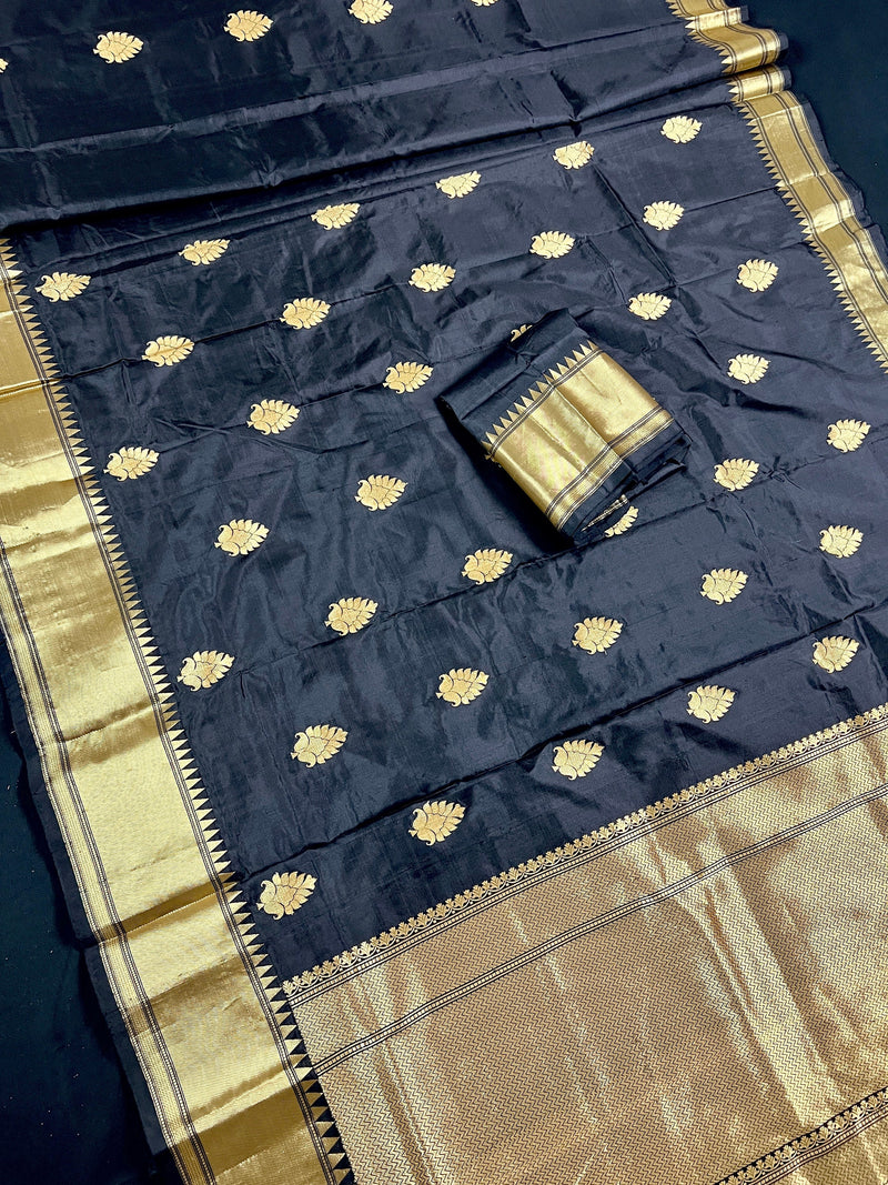 Black Color Saree with Muted Gold Zari Weave | Pure Banarasi Katan Silk Saree | Black Silk Saree | Pure Silk Saree | Silk Mark Certified