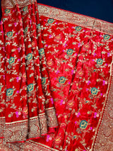 Statement Red Color Pure Satin Silk Saree with Handwoven Floral Meenakari Floral Jaal Weave | SILK MARK CERTIFIED