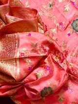 Statement Peachy Pink Color Pure Satin Silk Saree with Handwoven Floral Meenakari Floral Jaal Weave | SILK MARK CERTIFIED