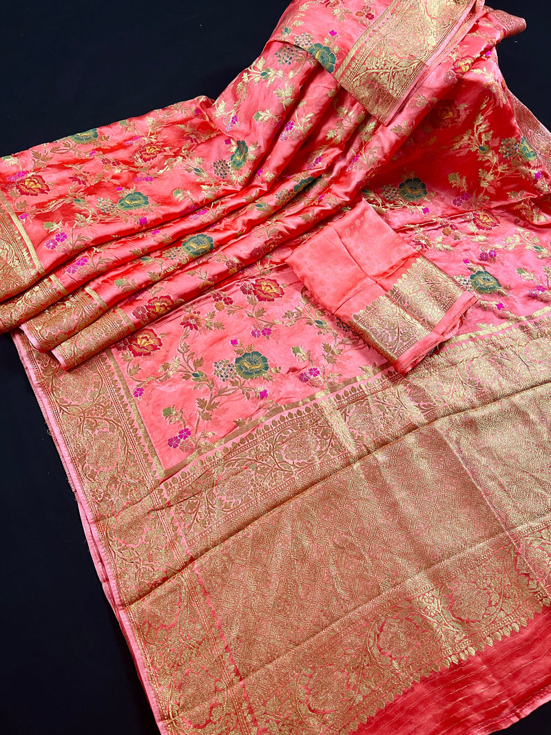 Statement Peachy Pink Color Pure Satin Silk Saree with Handwoven Floral Meenakari Floral Jaal Weave | SILK MARK CERTIFIED