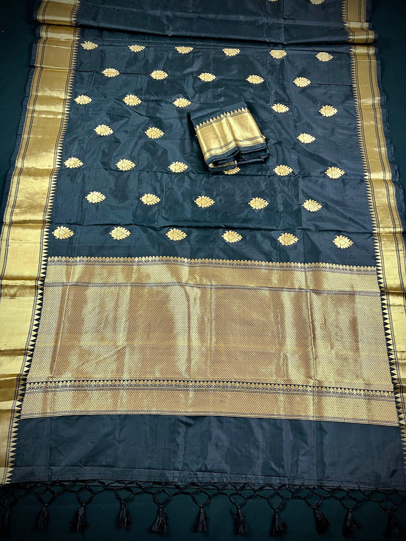 Black Color Saree with Muted Gold Zari Weave | Pure Banarasi Katan Silk Saree | Black Silk Saree | Pure Silk Saree | Silk Mark Certified