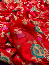 Statement Red Color Pure Satin Silk Saree with Handwoven Floral Meenakari Floral Jaal Weave | SILK MARK CERTIFIED
