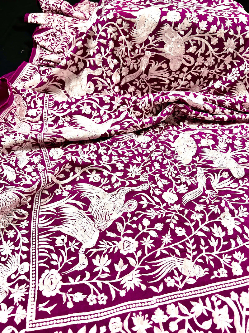Purple Parsi Gara Pure Handloom Georgette Silk Saree | Parsi Gara Saree | Purple Color Saree | Embroidery Sarees | SILK MARK CERTIFIED