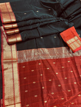 Black and Maroon Color Pure Royal Maheshwari Handloom Silk  Saree with Zari Weaving and small Buttis all over | Gold Zari Weave | Silk Saree