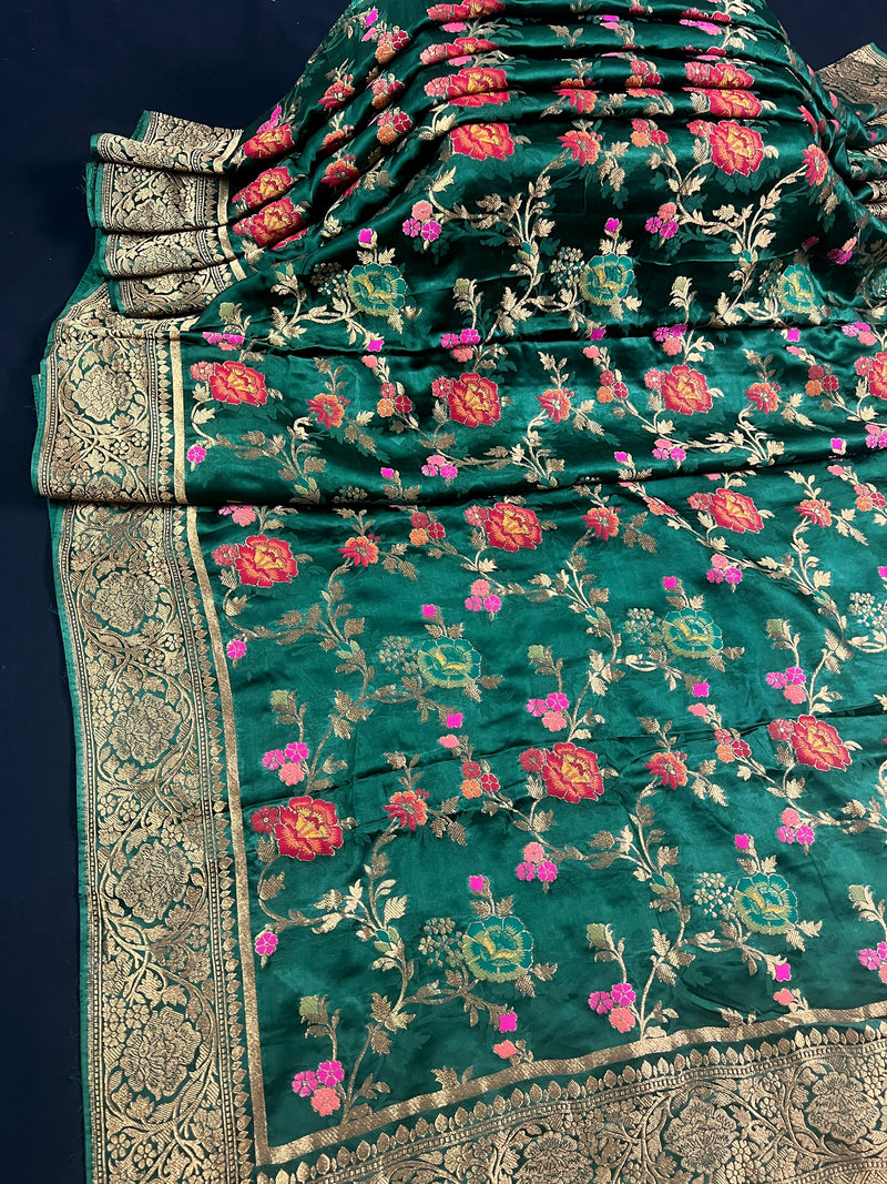 Statement Green Color Pure Satin Silk Saree with Handwoven Floral Meenakari Floral Jaal Weave | SILK MARK CERTIFIED