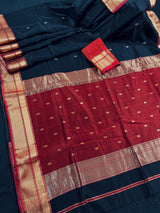 Black and Maroon Color Pure Royal Maheshwari Handloom Silk  Saree with Zari Weaving and small Buttis all over | Gold Zari Weave | Silk Saree