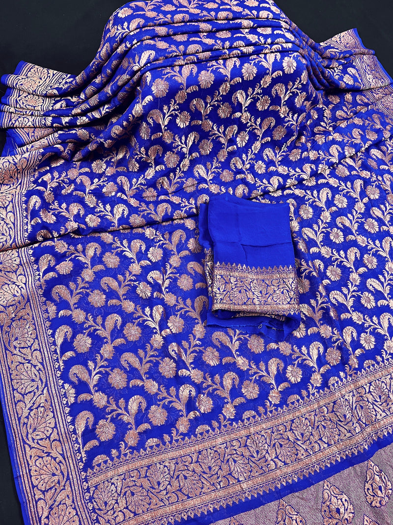 Royal Blue Color Pure Khaddi Georgette Banarasi Silk Saree with Antique Copper Zari Weave | Royal Blue Color Saree | SILK MARK CERTIFIED
