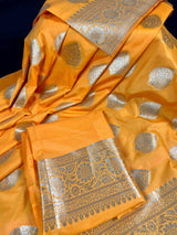 Yellow Traditional Banarasi Handloom Saree in Banarasi Silk with Muted Gold Zari Weaving - Muted Gold Buttas - Grand Pallu