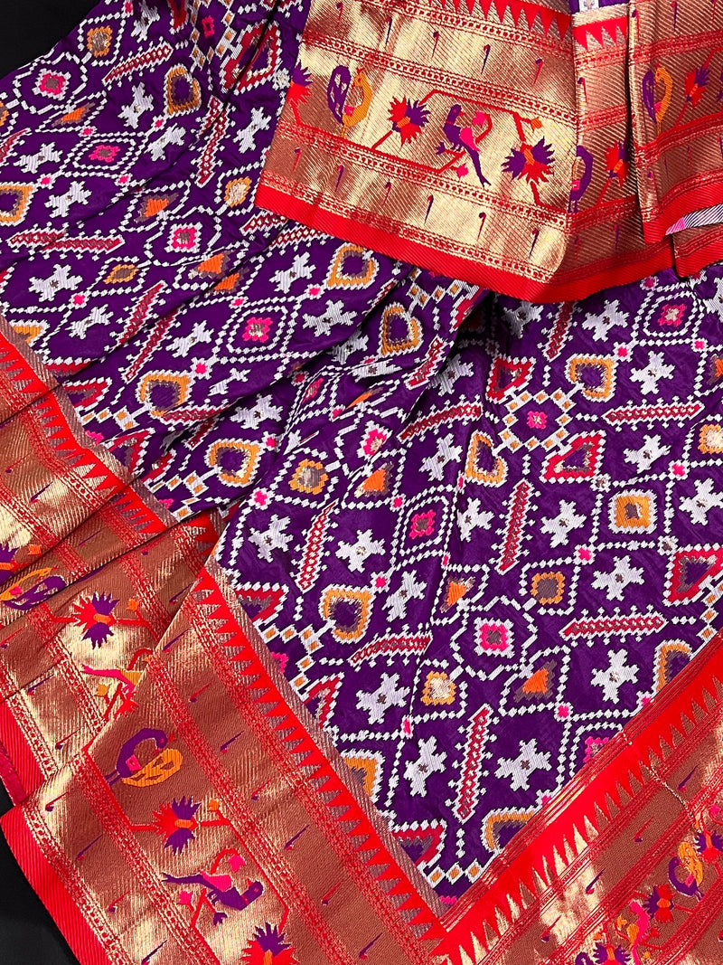 Purple and Red Color Banarasi Soft Silk Saree with Paithani Border and Pallu and Patola Body | Woven Saree | Patola Saree | Paithani Saree