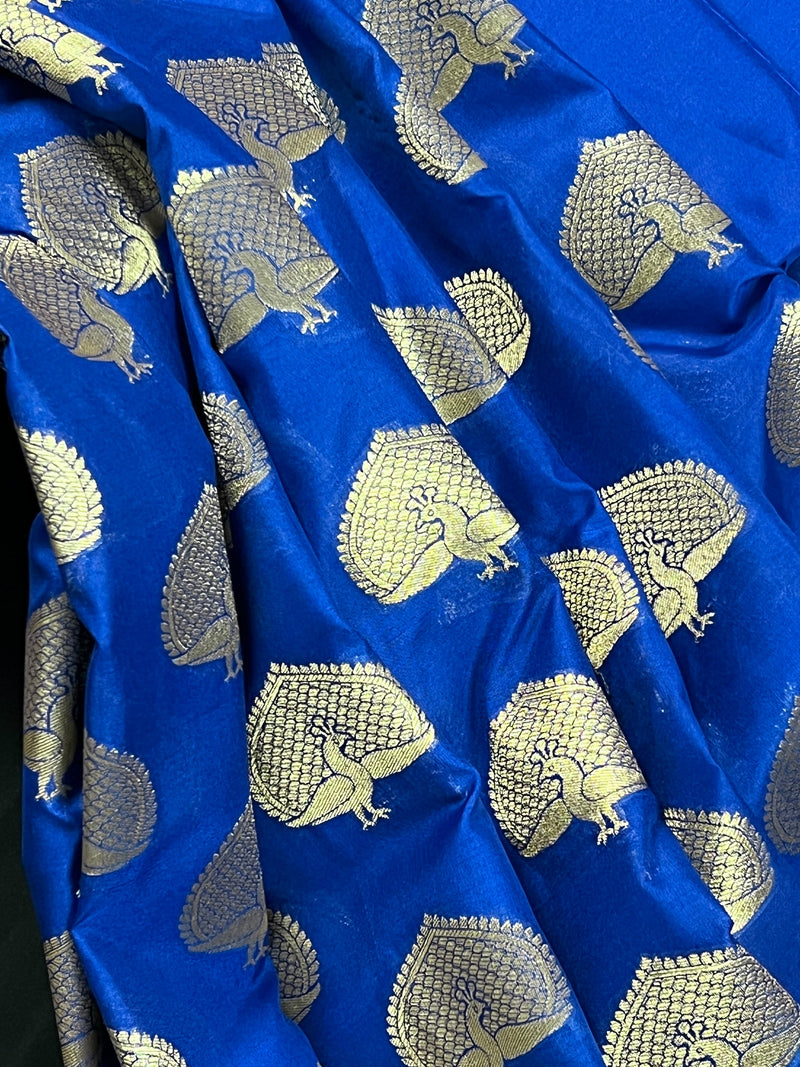 Blue Semi Banarasi Silk Saree Dancing Peacock Motifs with Grand Border | Banarasi Saree |  Peacock Motifs | Blue Color Saree