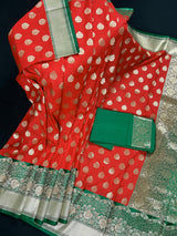 Red with Green Color combination Traditional Banarasi Handloom Saree in Banarasi Silk | Soft Silk Saree  | Satin Borders