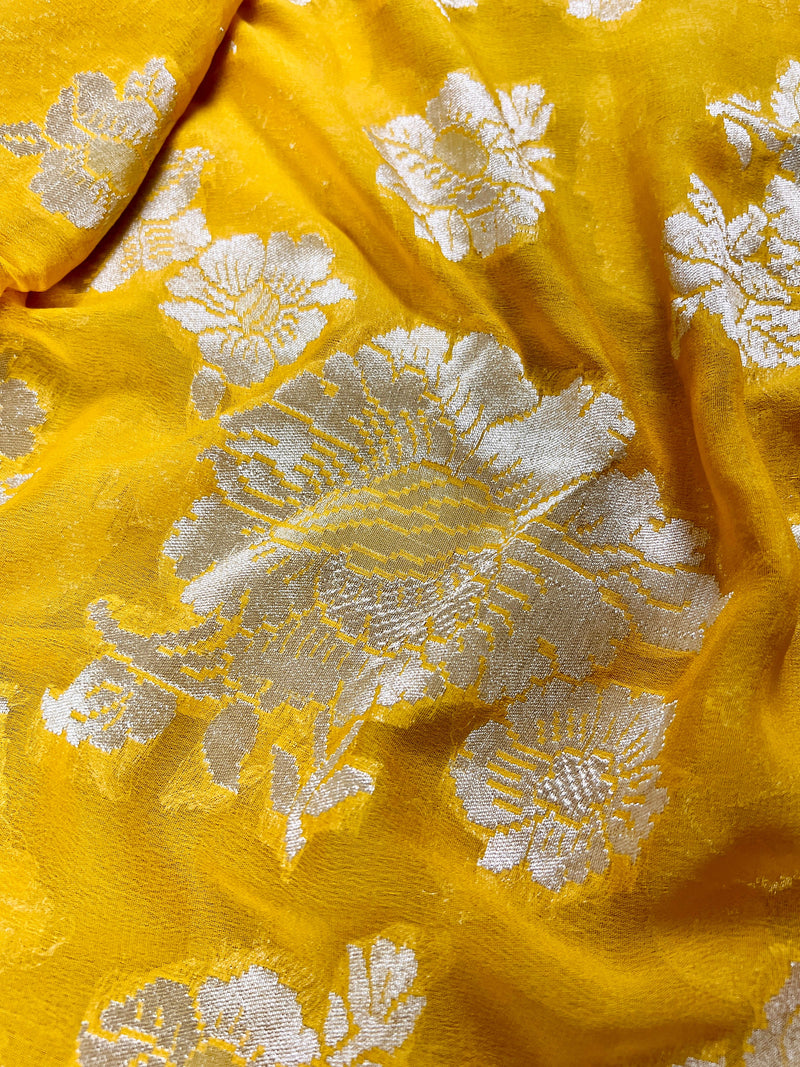 Yellow  Pure Georgette Banarasi Saree with Muted Gold Zari | Pure Khaadi Georgette | Floral Jaal Saree in Georgette | SILK MARK CERTIFIED