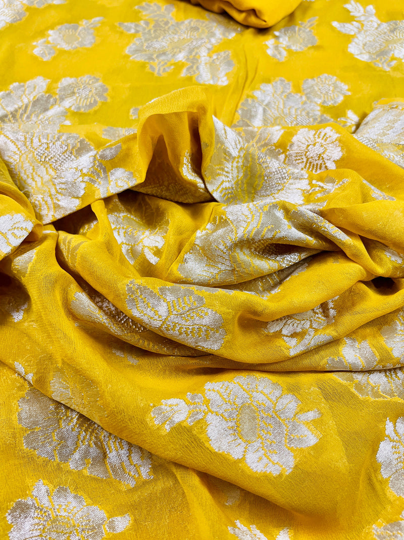 Yellow  Pure Georgette Banarasi Saree with Muted Gold Zari | Pure Khaadi Georgette | Floral Jaal Saree in Georgette | SILK MARK CERTIFIED