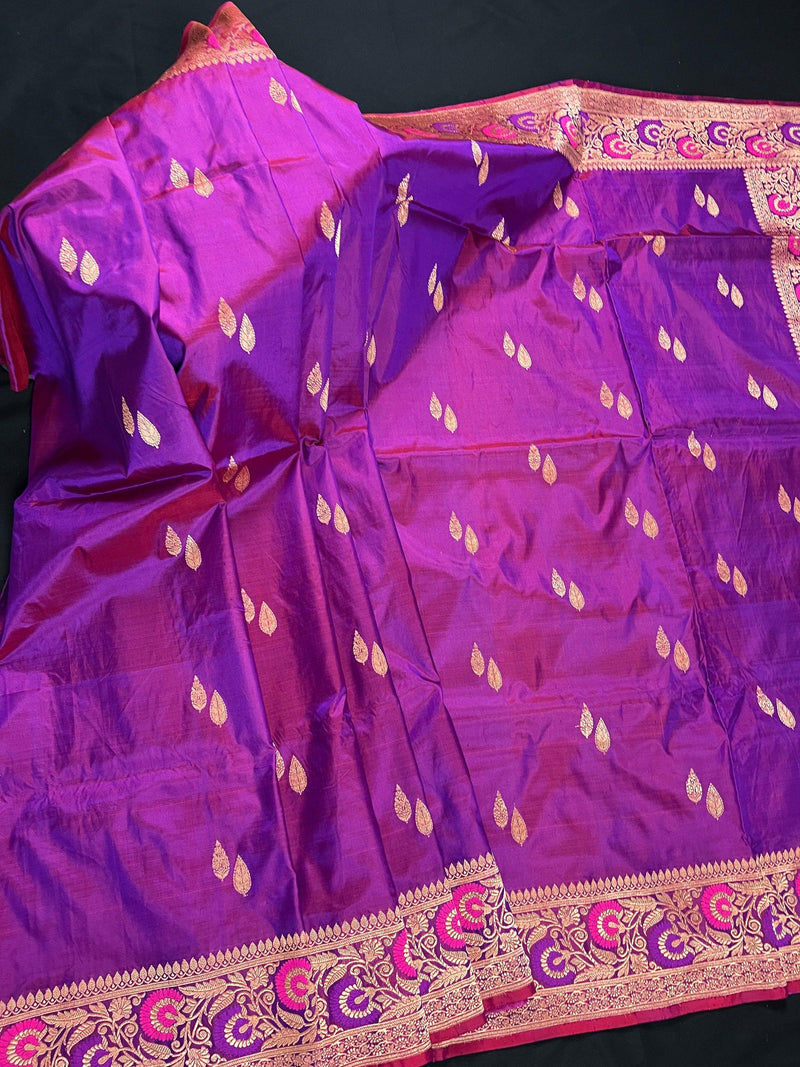 Handwoven Purple Color Pure Katan Silk Saree with Gold Zari Weave with Paithani broders and Pallu | Pure Silk Sarees | | SILK MARK CERTIFIED - Kaash