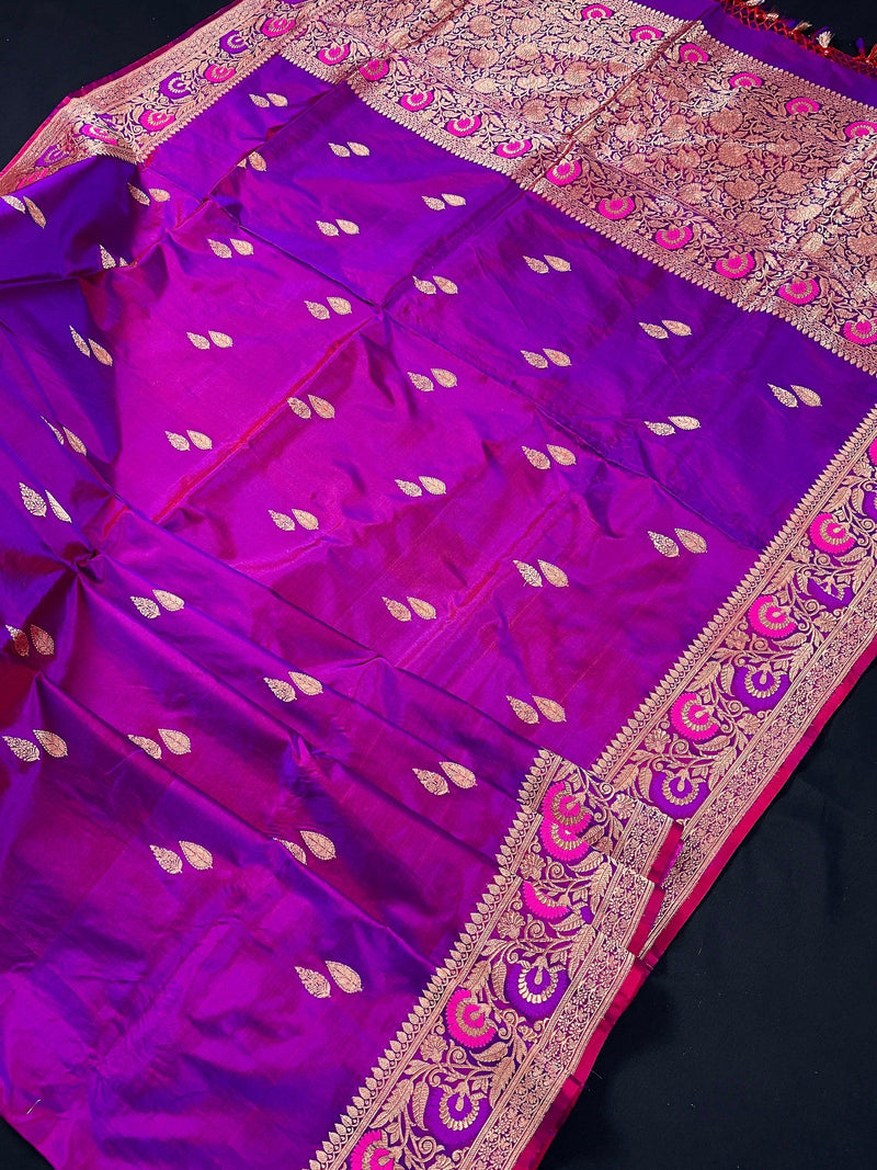 Handwoven Purple Color Pure Katan Silk Saree with Gold Zari Weave with Paithani broders and Pallu | Pure Silk Sarees | | SILK MARK CERTIFIED - Kaash