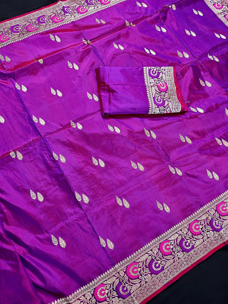 Handwoven Purple Color Pure Katan Silk Saree with Gold Zari Weave with Paithani broders and Pallu | Pure Silk Sarees | | SILK MARK CERTIFIED - Kaash