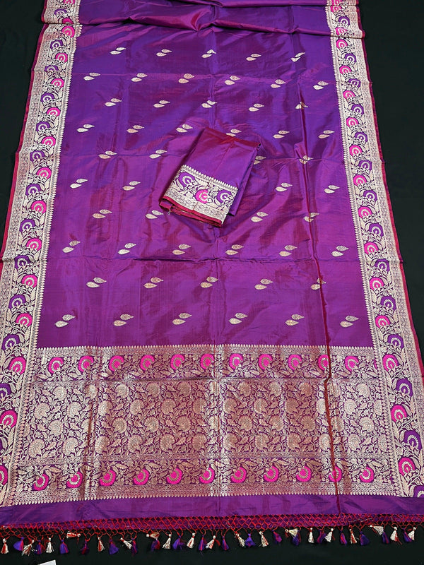 Handwoven Purple Color Pure Katan Silk Saree with Gold Zari Weave with Paithani broders and Pallu | Pure Silk Sarees | | SILK MARK CERTIFIED - Kaash