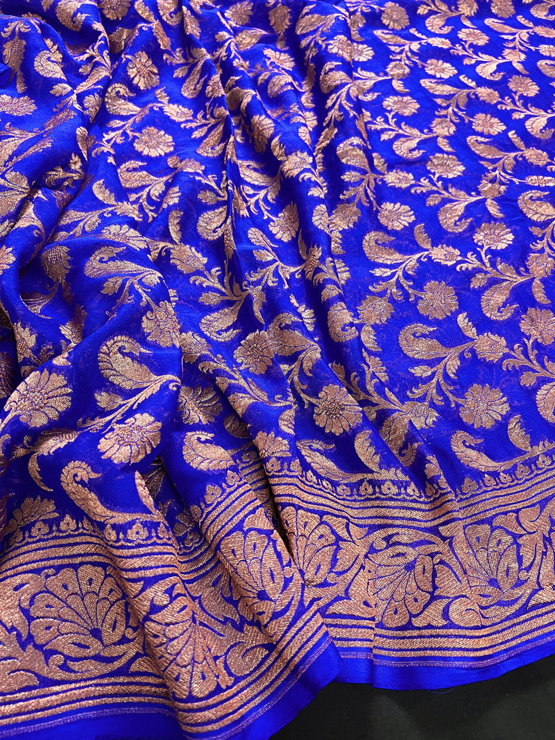 Royal Blue Color Pure Khaddi Georgette Banarasi Silk Saree with Antique Copper Zari Weave | Royal Blue Color Saree | SILK MARK CERTIFIED