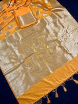 Yellow Traditional Banarasi Handloom Saree in Banarasi Silk with Muted Gold Zari Weaving - Muted Gold Buttas - Grand Pallu