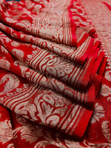 Red Color Pure Khaddi Georgette Banarasi Silk Saree with Antique Copper Zari Weave | Red Color Saree | SILK MARK CERTIFIED