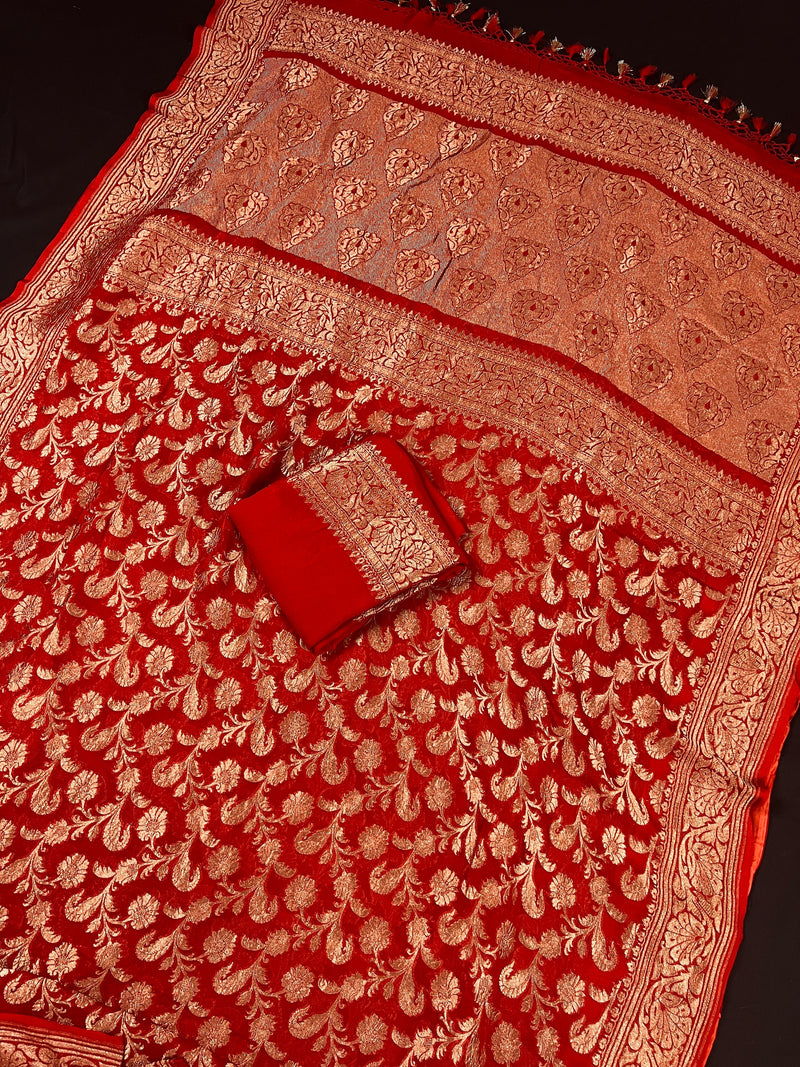 Red Color Pure Khaddi Georgette Banarasi Silk Saree with Antique Copper Zari Weave | Red Color Saree | SILK MARK CERTIFIED